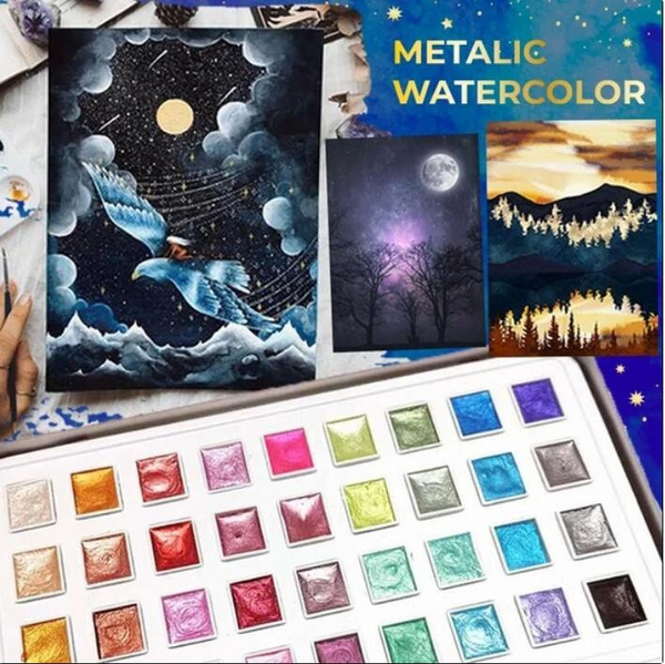 Metallic Watercolor Set Pearlescent solid Watercolor Paint Set Watercolors  Pigment With Water Brush for Painting Art Supplies